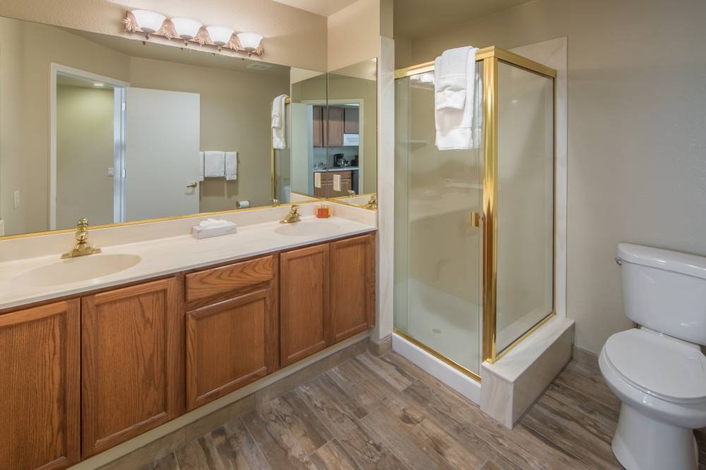 Studio bathroom amenities include a walk-in shower