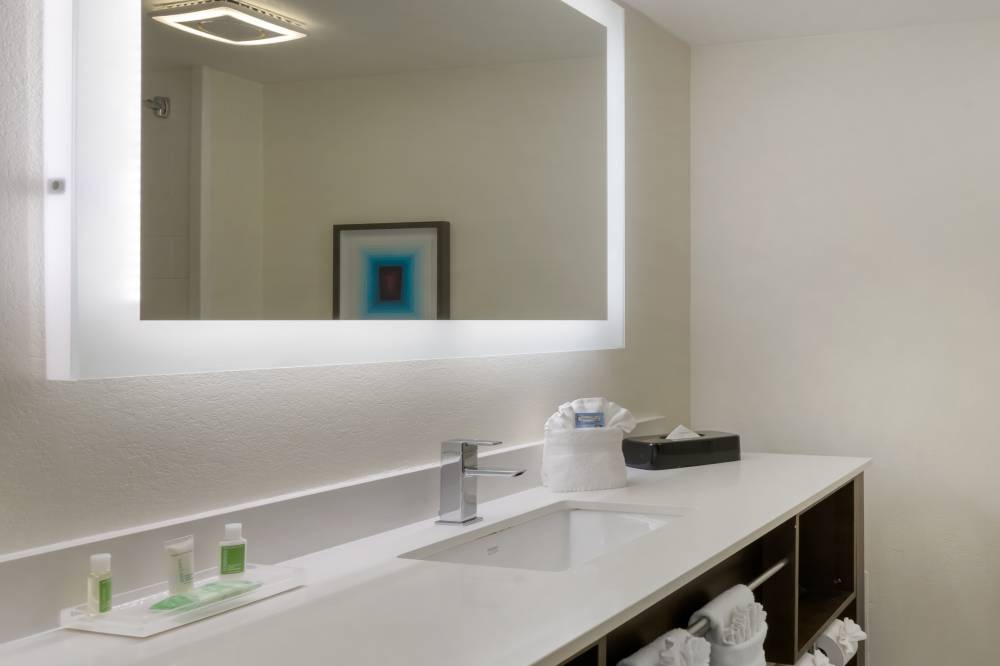 Our modern, clean bathrooms are stocked for your s