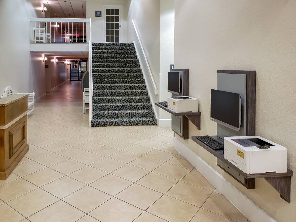 Computers for guest use are located in the lobby